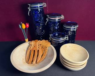 Four cobalt blue glass jars with embossed fruit pattern wire Bail lids  wooden salad