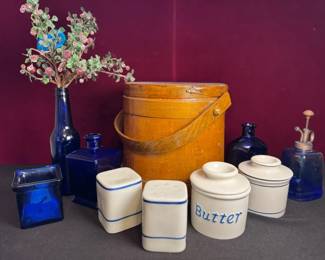 Antique Sugar Basket From 1887, SP Shakers From Portugal, Butterbell Crocks And Cobalt Blue Glass