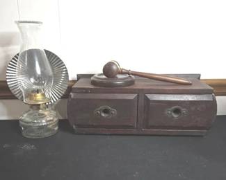 Vintage EAGLE Glass Oil Lamp With Small Wooden Chest And Gavel