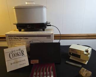 Vintage West Bend 6 Qt Oblong Slow Cooker, Vintage Oster Knife Sharpner And Knife Set