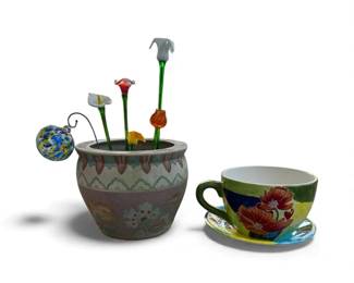 Garden Decor Set Teacup Planter Art Glass Flower Pot with Stakes