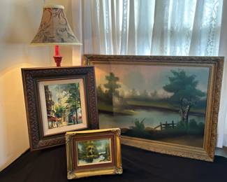 3 Vtg. Framed Paintings A Lamp