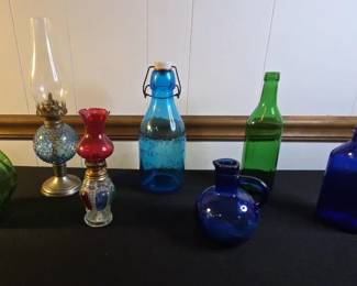 Vintage Glass Bottles And Oil Lamps