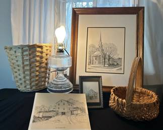Pen Ink Art, Baskets  Glass Hurricane Lamp