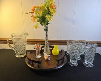 Vintage Indiana Glass, Wexford Style Pitcher, Wood Lazy Susan And Decor