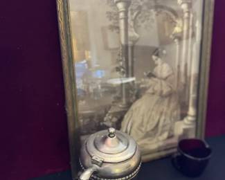 Victorian Era Scene Wall Art W Silver Plated Pitcher Red Glass Creamer