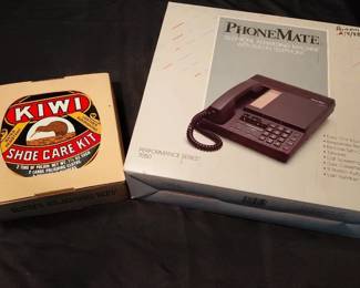 Vintage Phone Answering Machine and Classic Shoe Shine Kit
