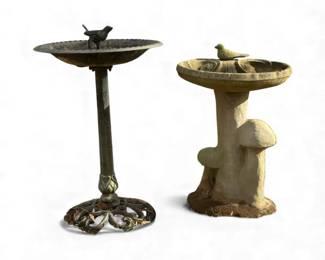 Pair of Outdoor Bird Baths Cast Metal  Concrete MushroomBase