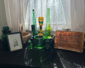 Green Glass, Wicker, Amber Oil Lamp More