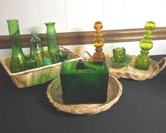 Collection Of Vintage Green Glass And Wicker Trays