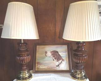 Pair Of Vintage MCM Wood And Brass Table Lamps With Dog Canvas