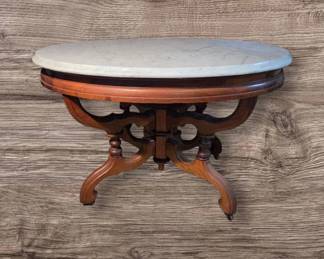  04 Antique Victorian Oval Parlor Table With Marble Top