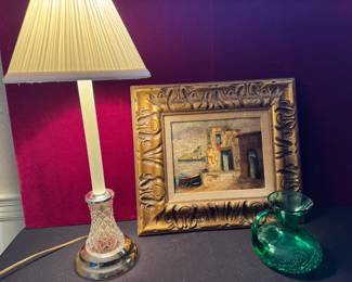 Jeanmarie Gallery French Oil Painting In Beautiful Frame W Boudoir Lamp,Green Crackle Glass Pitcher