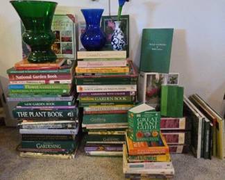 Vintage Napco Forest Green Vase, Cobalt Blue Vase Plus Tons Of Gardening And Flower Books