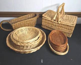Vintage Wicker Picnic Basket, Serving Trays And More