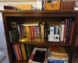 Dark Wood Bookcase And Books And Office Supplies 