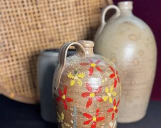 Stoneware Jug Trio, And Bamboo Winnowing Basket