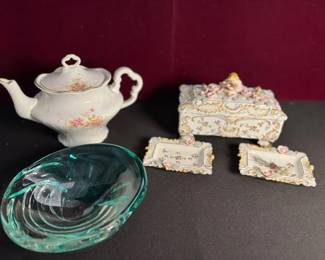 Vintage Porcelain Trinket Box, Teapot And Glass Swirl Murano Style Bowl