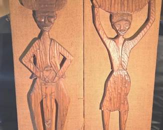 Pair Of Vintage Hand Carved Wooden Wall Plaques