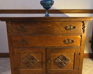 Vintage Sideboard Or Buffet And Blue Iridescent Carnival Glass With Lid