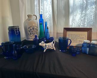 Stoneware Jug, Needlework Lots Of Blue Glass Items
