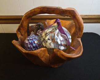 Blown Glass And Vintage Hand Carved Wood Basket