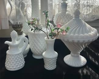 Milk Glass Decor With Pink Accents