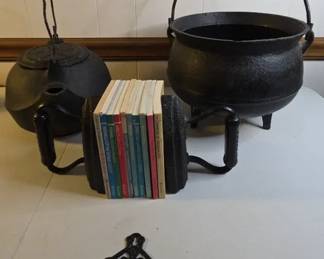 Vintage Cast Iron Tea Kettle, Cauldron, Matches Holder And Sad Irons