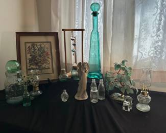 Green Glass Genie Decanter Bottle, Jade Crystal Bonsai Tree More