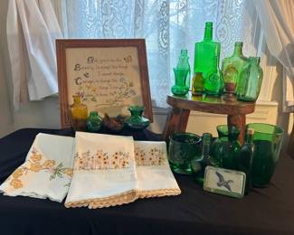 Green Amber Glass Items, Needlework  Wooden Stool