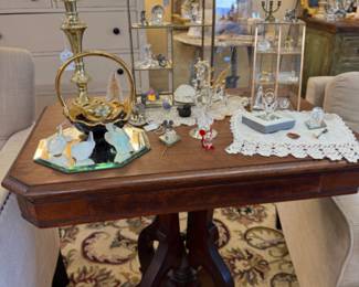vinage side table, candlesticks, small crystal collection