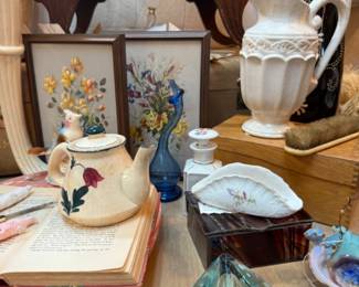 white pitcher, tea pot, vintage books, framed art