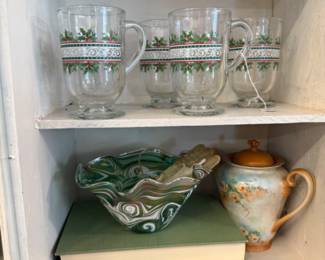 vintage Christmas mugs for coffee or espresso, vintage green glass bowl, teapot