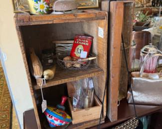 bookshelf, vintage tins, purse