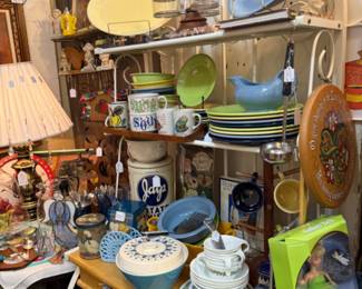 fiesta ware platters, dishes, gravy boat, vintage doll