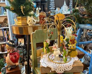 vintage Christmas, trees, green wooden chair