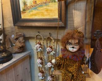 Framed barn oil, puppet