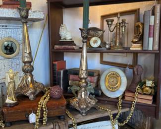 Gorgeous brass cast candleholders, brass candlesticks, books, unusual Christmas decor