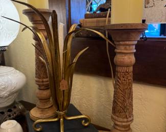 wooden carved candlesticks and a Hollywood Regency-style gold gilded metal wheat sheaf candle holder