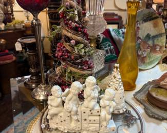 vintage Christmas piece, cake plate, decanter, tall cranberry colored glass decor