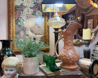 vintage pitcher, green glass shoe, bust, planter and framed floral art