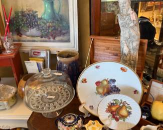 glass cake stand with lid, plates, framed art