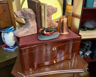 dog bookends, jewelry box, end table