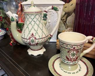 Teapot and cup and saucer, Market pattern designed by Annie Danielson