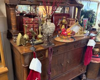 gorgeous old tiger wood buffet with mirror, stockings, brass