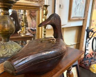 Vintage, hand-carved wooden duck designed as a lidded container or box
