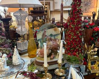 red berry Christmas decor, brass candlesticks, decanter