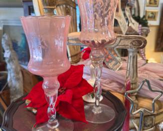 Vintage pink glass goblets in a swirl pattern 