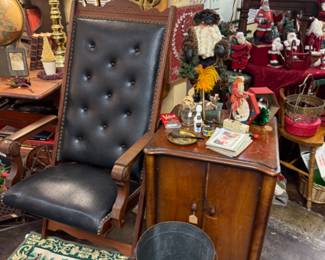 vintage end table and old gorgeous wood and leather adjustable chair
