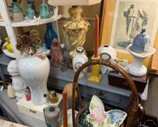 basket, butterfly trinket dish, framed art, lamps